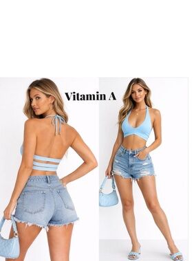 Vitamin A Baby Blue Halter Bikini Top Size M (8) Recycled Nylon Made in USA